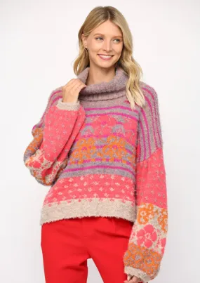 Floral Turtle Neck Fuzzy Sweater FW6610