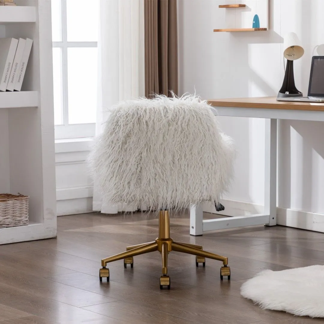 Fluffy Office Chair Faux Fur Modern Swivel Desk Chair for Women And Girls-White