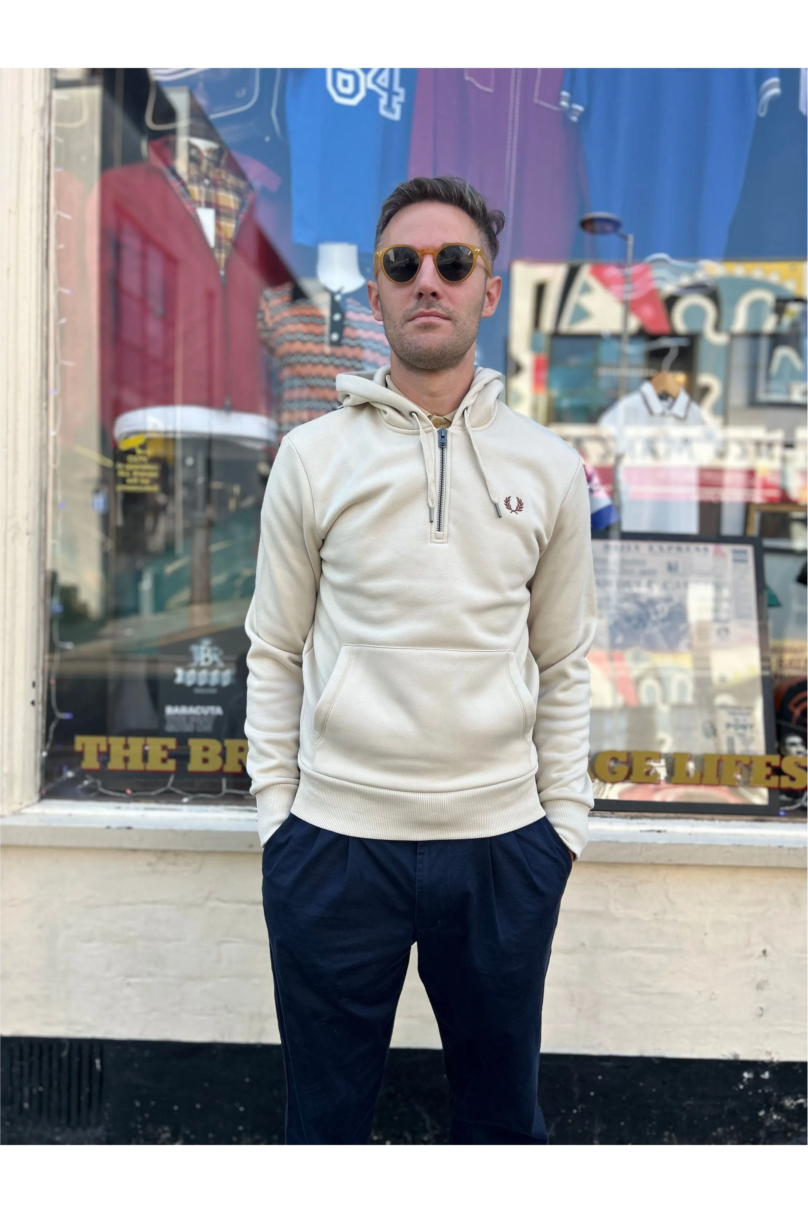 Fred Perry - M8643 Oatmeal - Quarter Zip - Hooded Sweatshirt