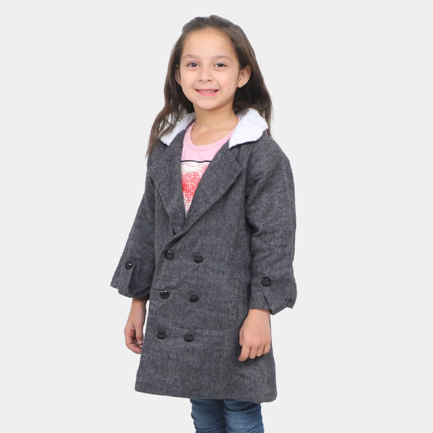 Girls Woolen Trench Coat - Charcoal