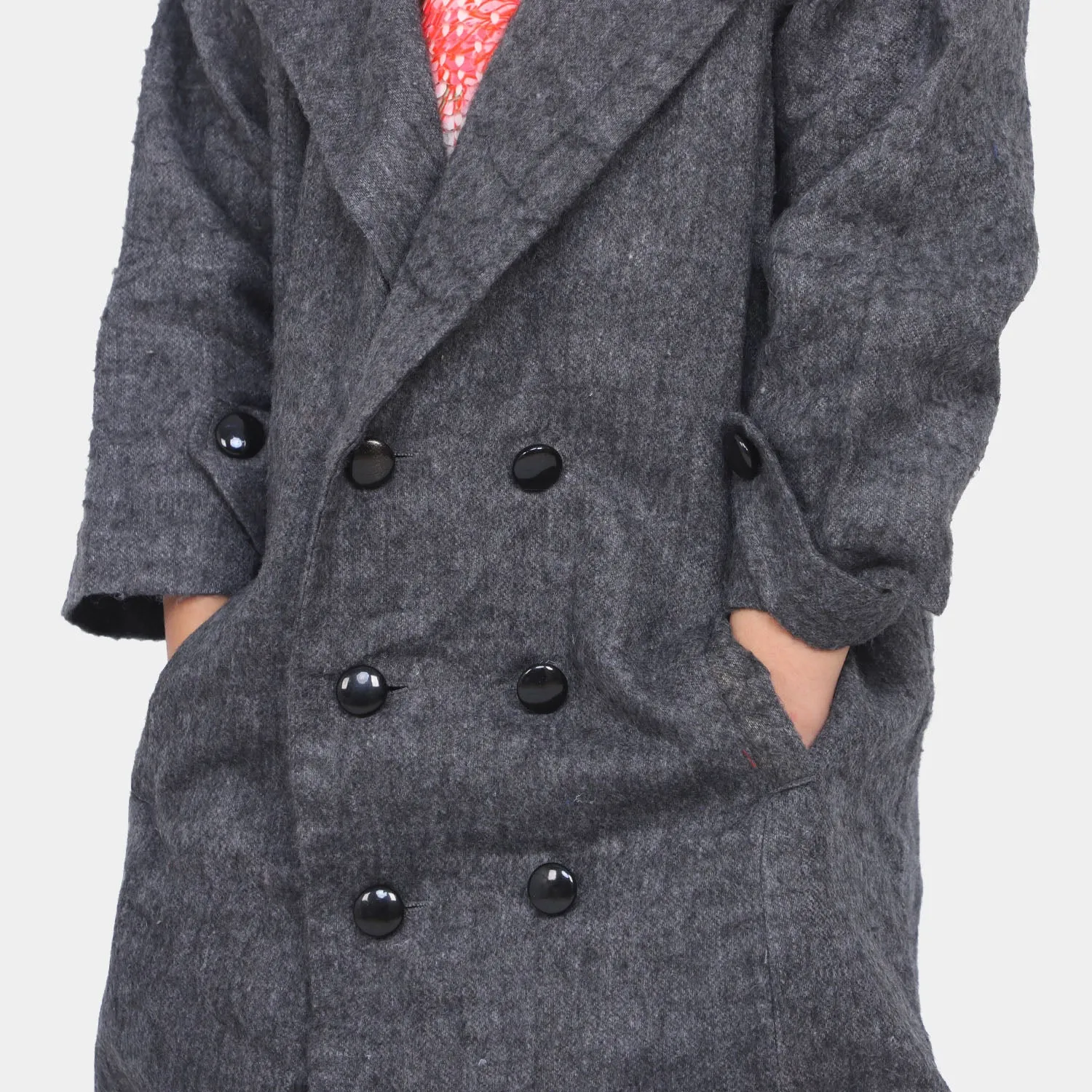 Girls Woolen Trench Coat - Charcoal