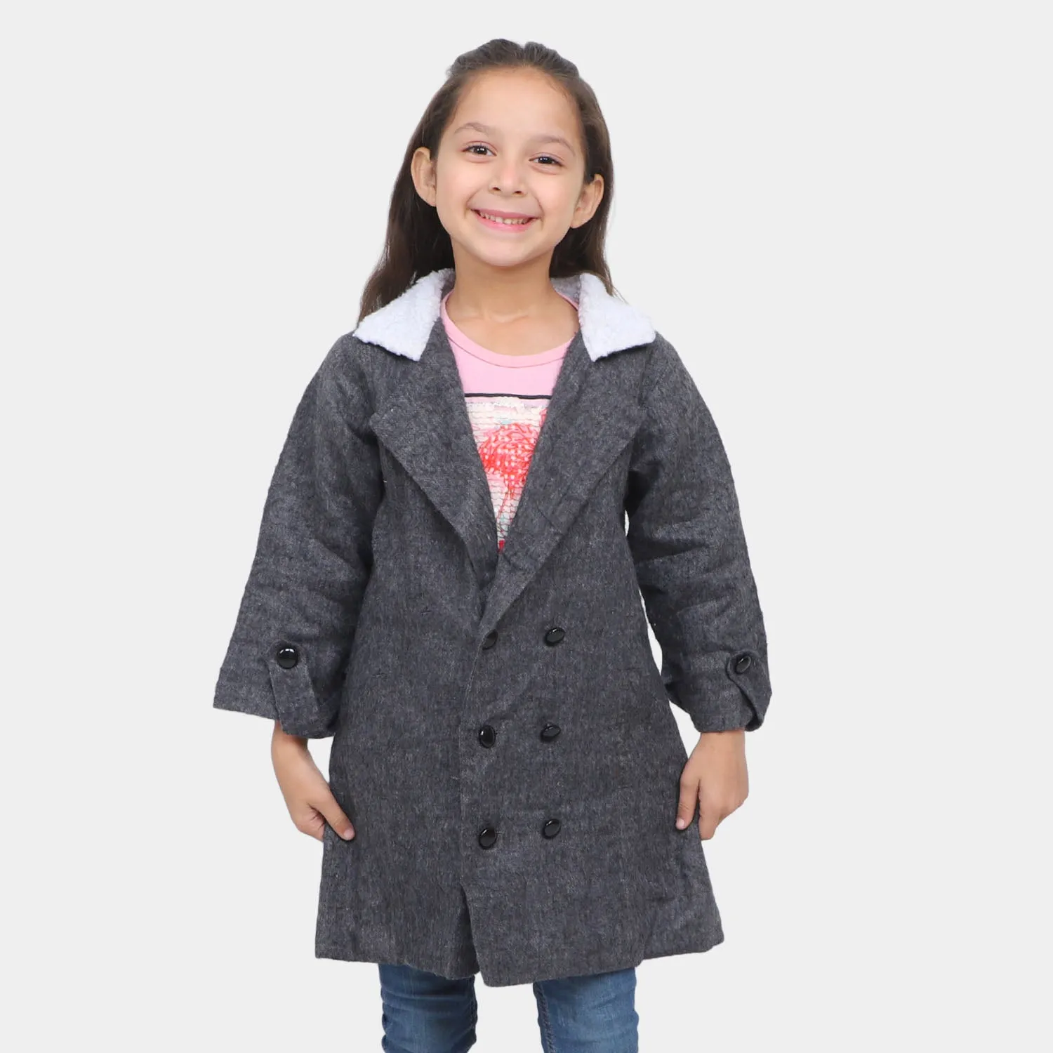 Girls Woolen Trench Coat - Charcoal