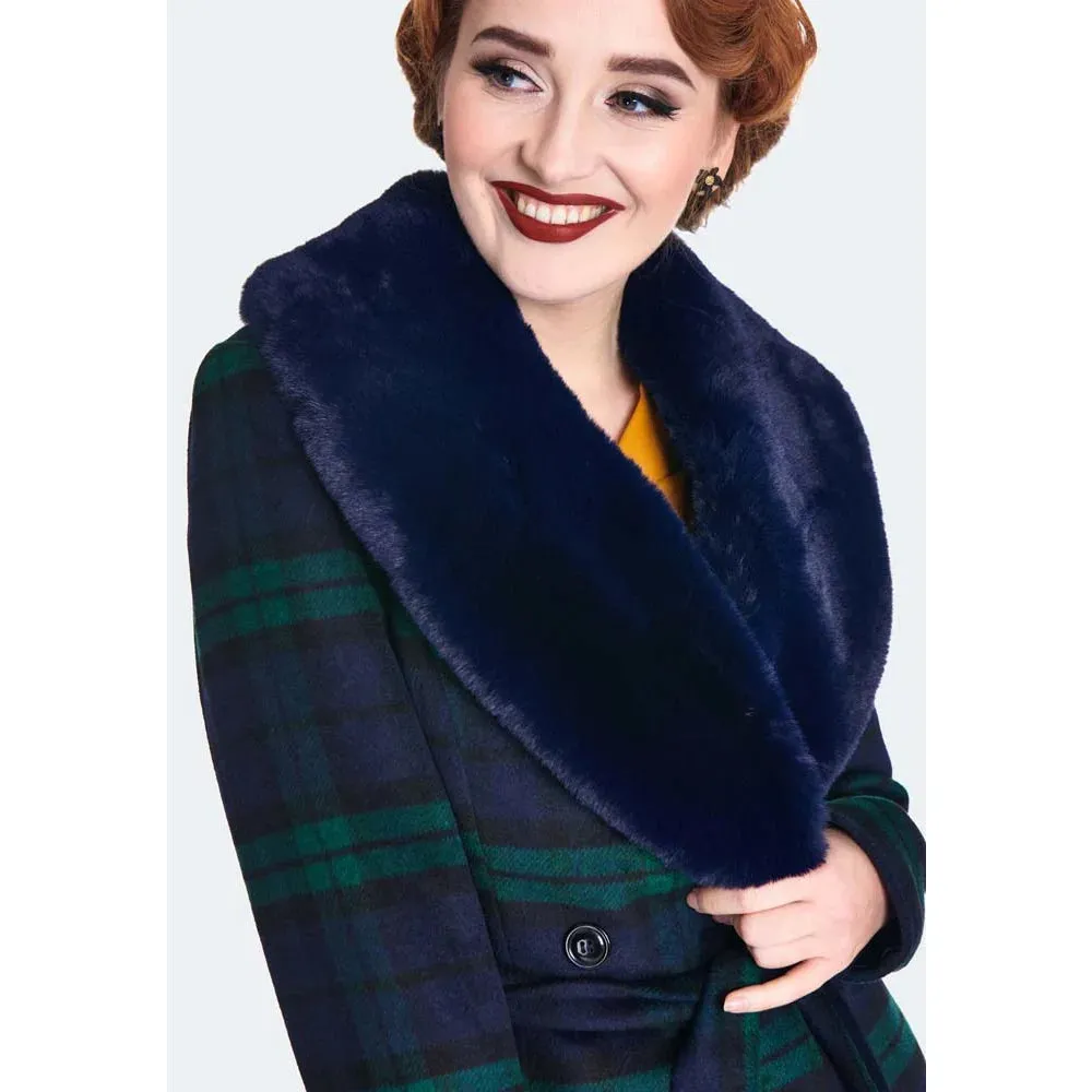 Green and Navy Tartan Faux Fur Trim Polywool Flare 50s Coat