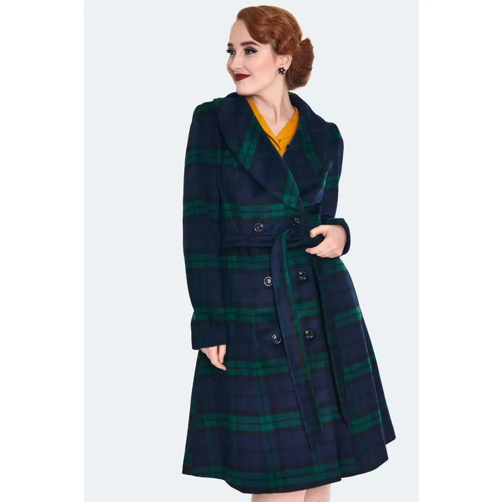 Green and Navy Tartan Faux Fur Trim Polywool Flare 50s Coat