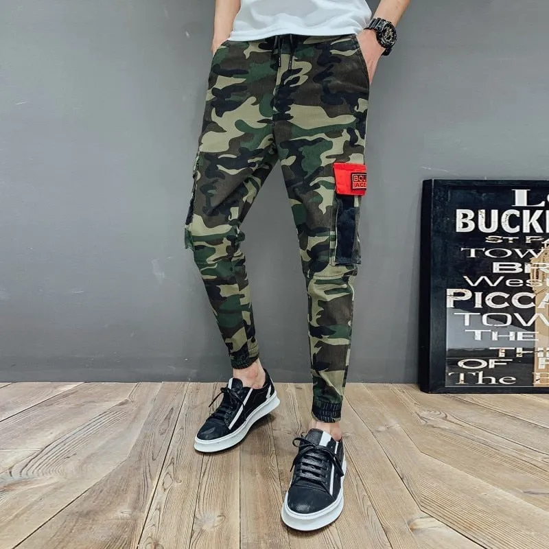 Green Camouflage Print Cargo Jogger Style Men Pants