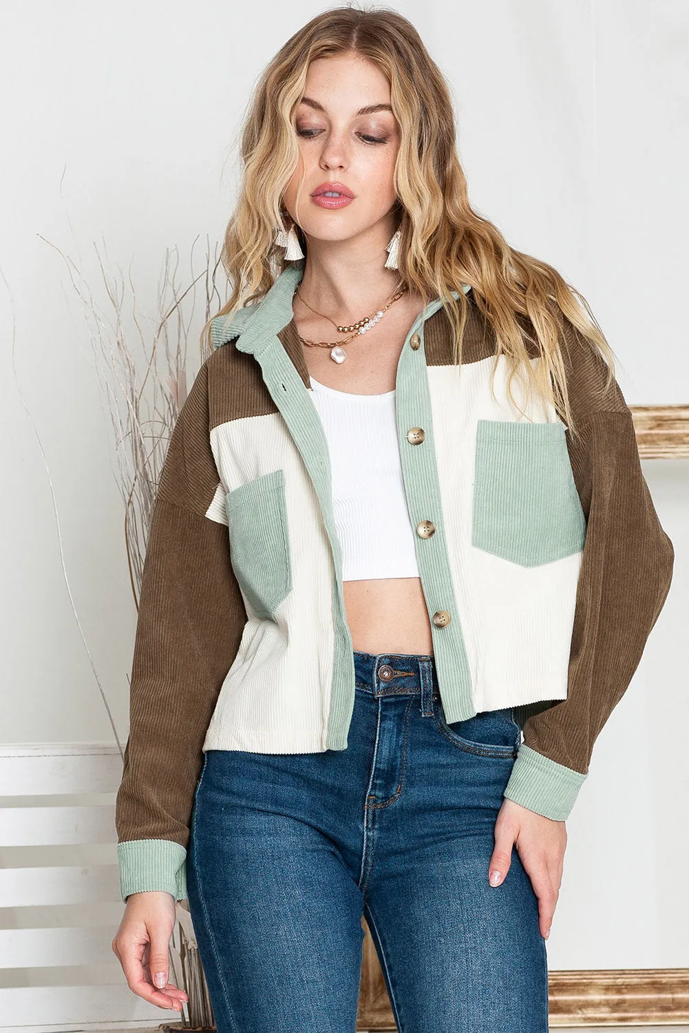 Green Color Block Button Up Cropped Corduroy Jacket