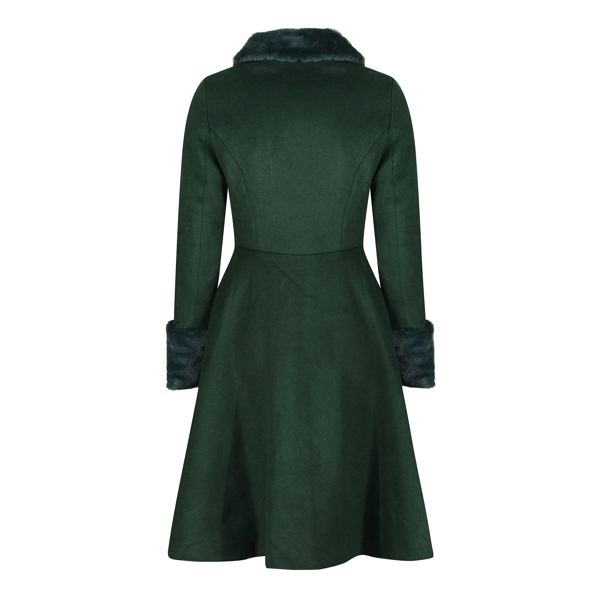 Green faux fur trim polywool flare 50s coat