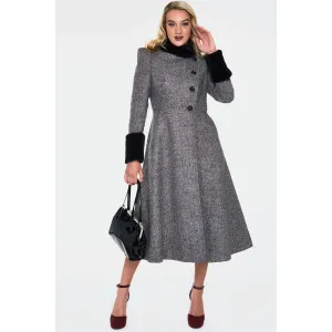 Grey Black Herringbone Check Print Winter Coat With Faux Fur Trim