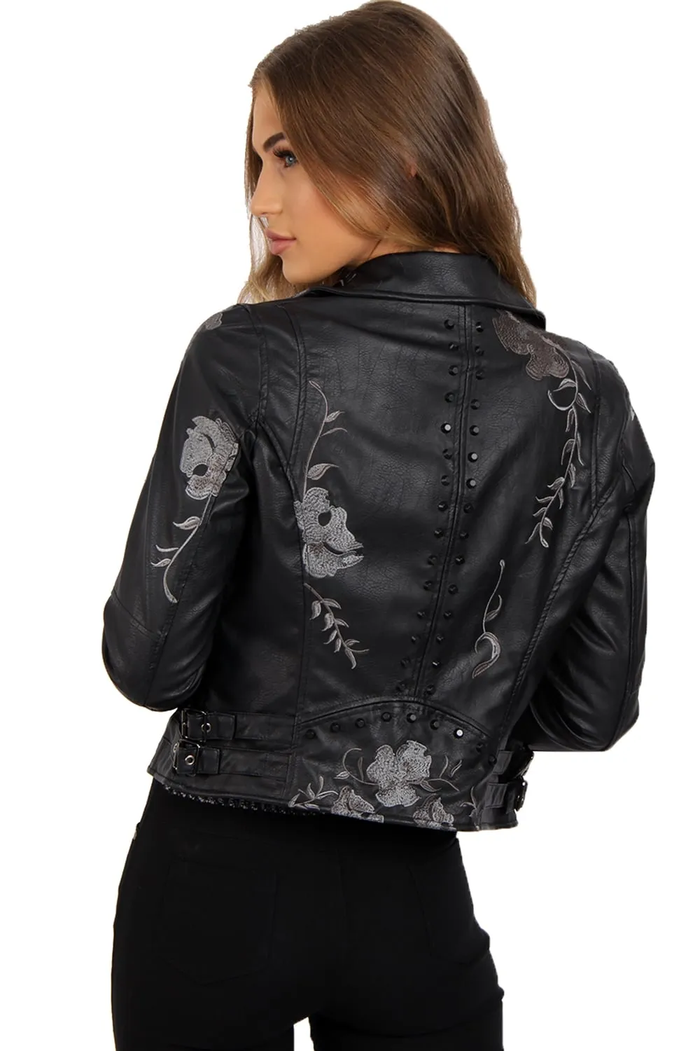 Grey Floral Embroidered Studded Detail Faux Leather Biker Jacket