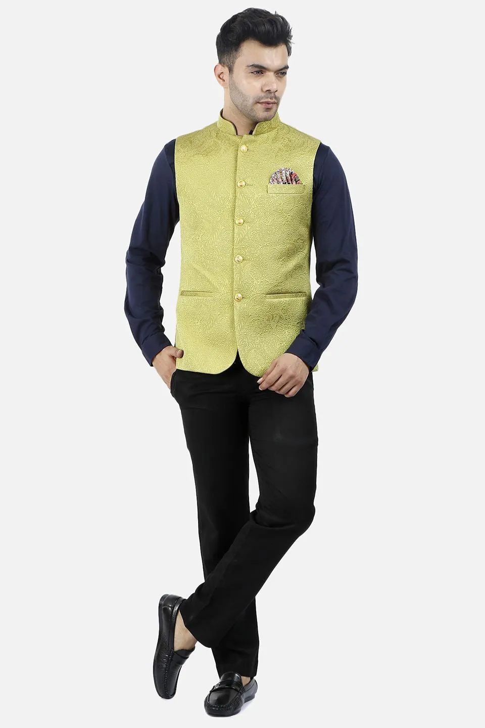 Jacquard Fabric Yellow Nehru Modi Jacket