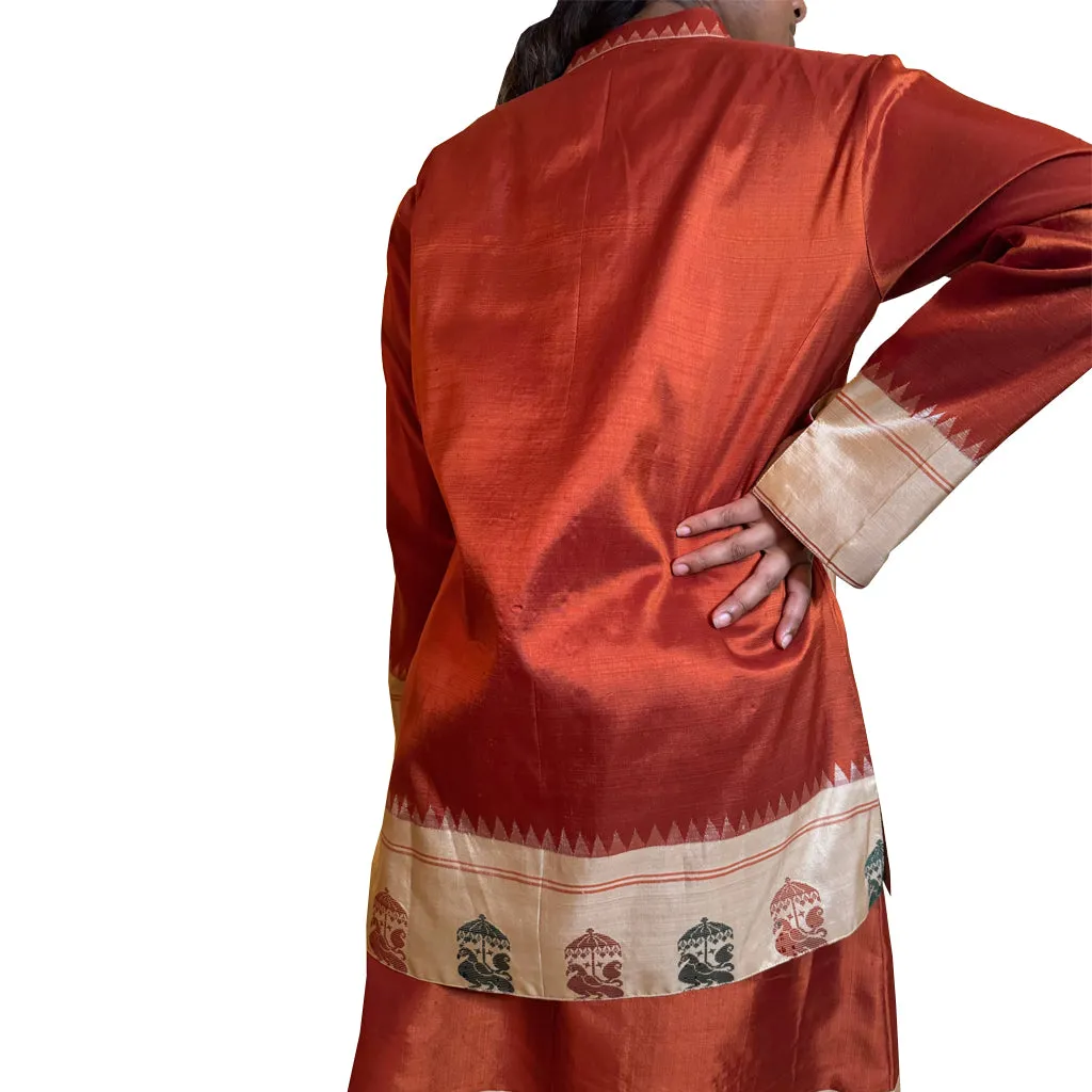 Jantar Mantar Jacket -  3/4 Length Clay and Ivory Silk Sari Woven Fabric