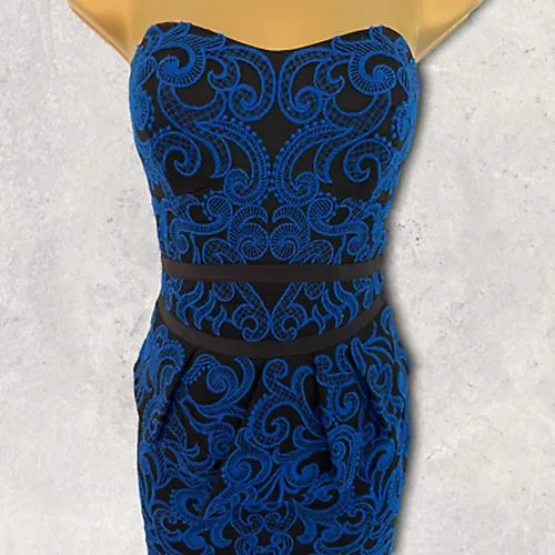 Karen Millen Royal Blue & Black Bodycon Peplum Midi Dress UK 8 US 4 EU 36