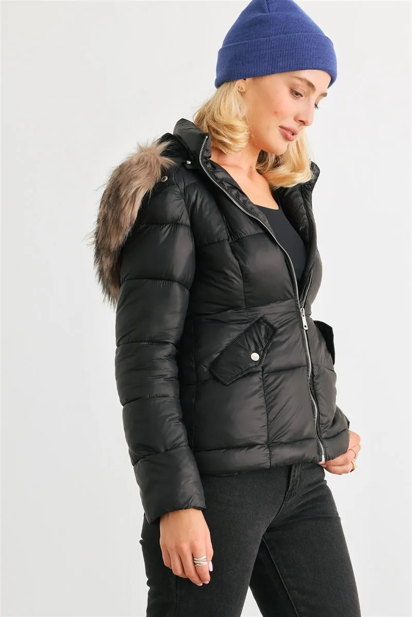 Long Sleeve Faux Fur Hood Padded Water Resistant Finish Jacket - 2 colors