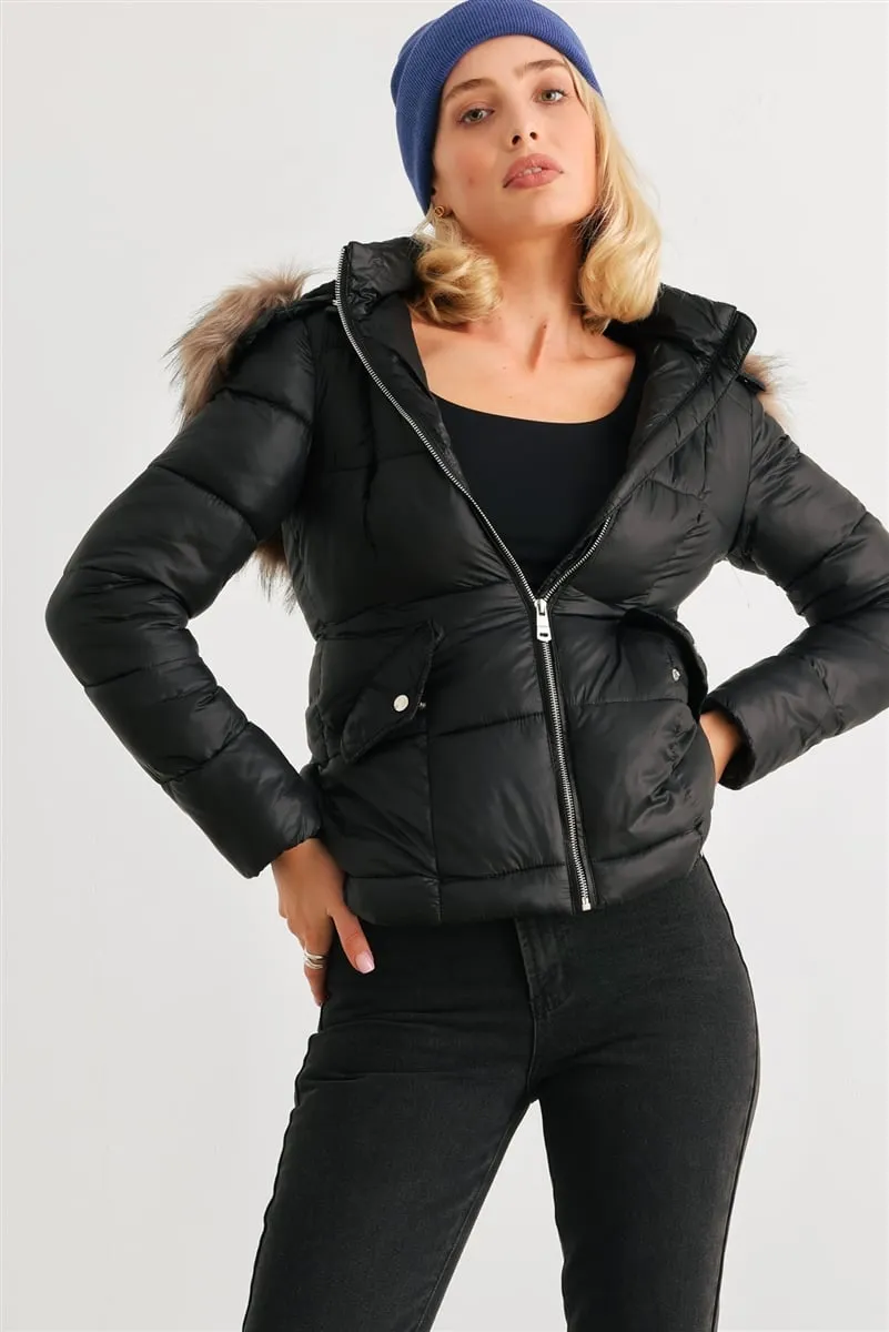 Long sleeve faux fur hood padded water resistant finish jacket