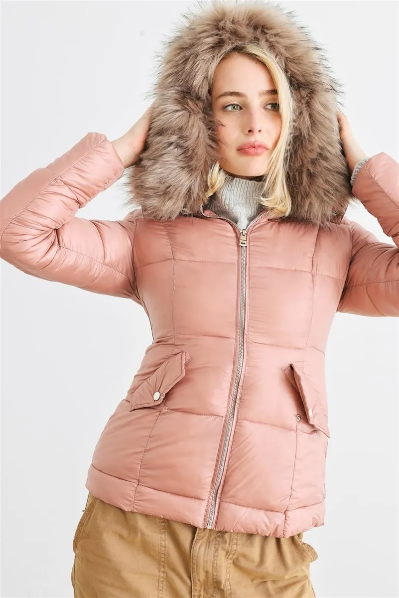 Long sleeve faux fur hood padded water resistant finish jacket