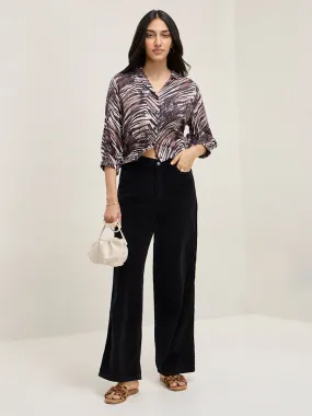 LOV Black Corduroy High-Rise Cotton Blend Trousers