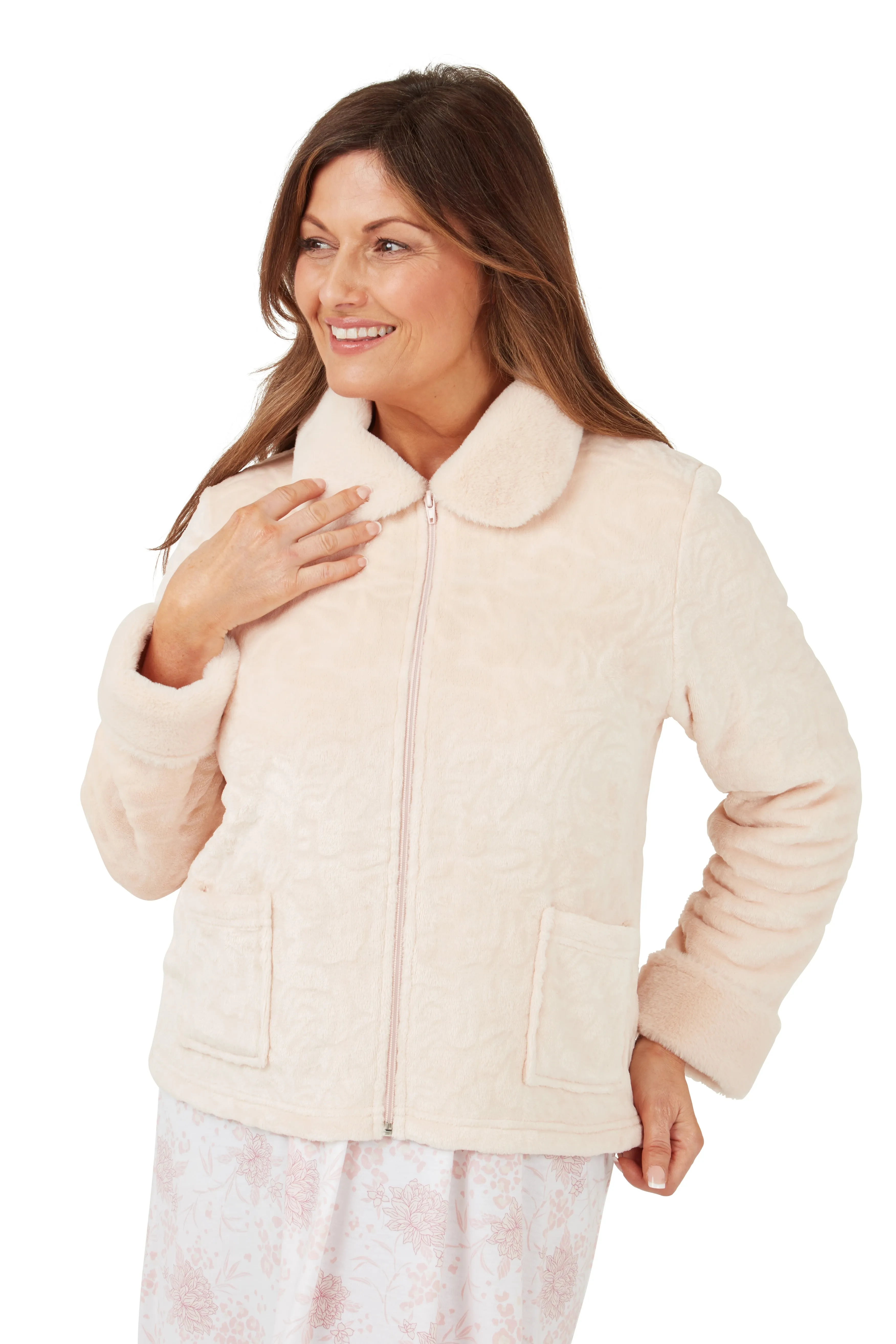 Marlon Luxury Zip Front Bed Jacket With Faux Fur Collar