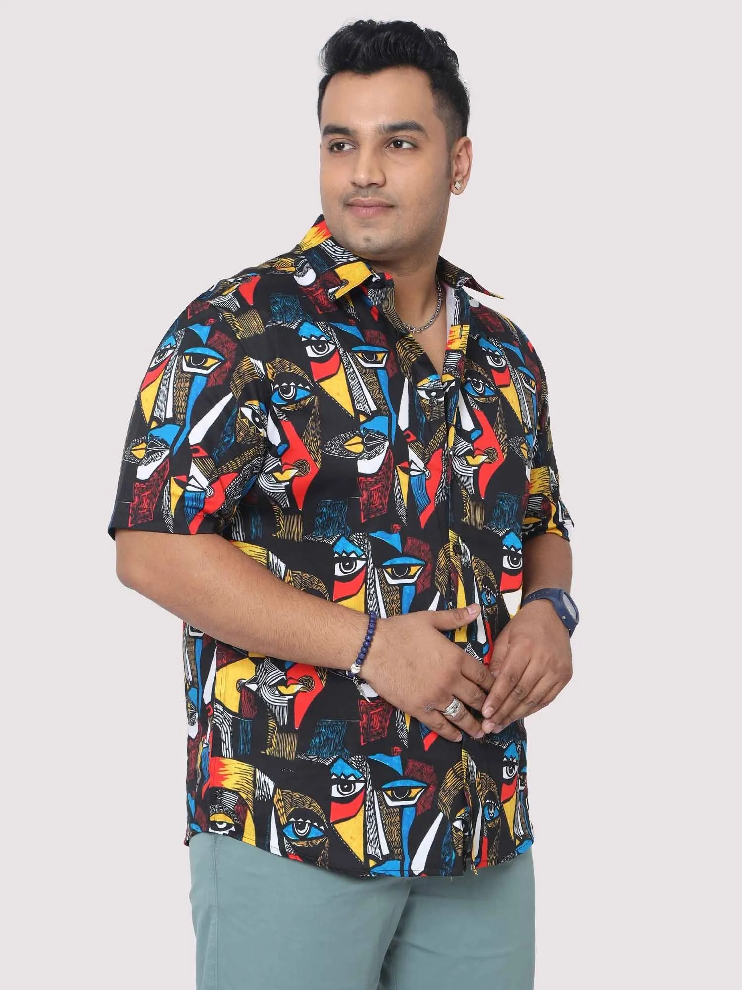 Men Plus Size Mystical Faces Digital Printed Half Shirt