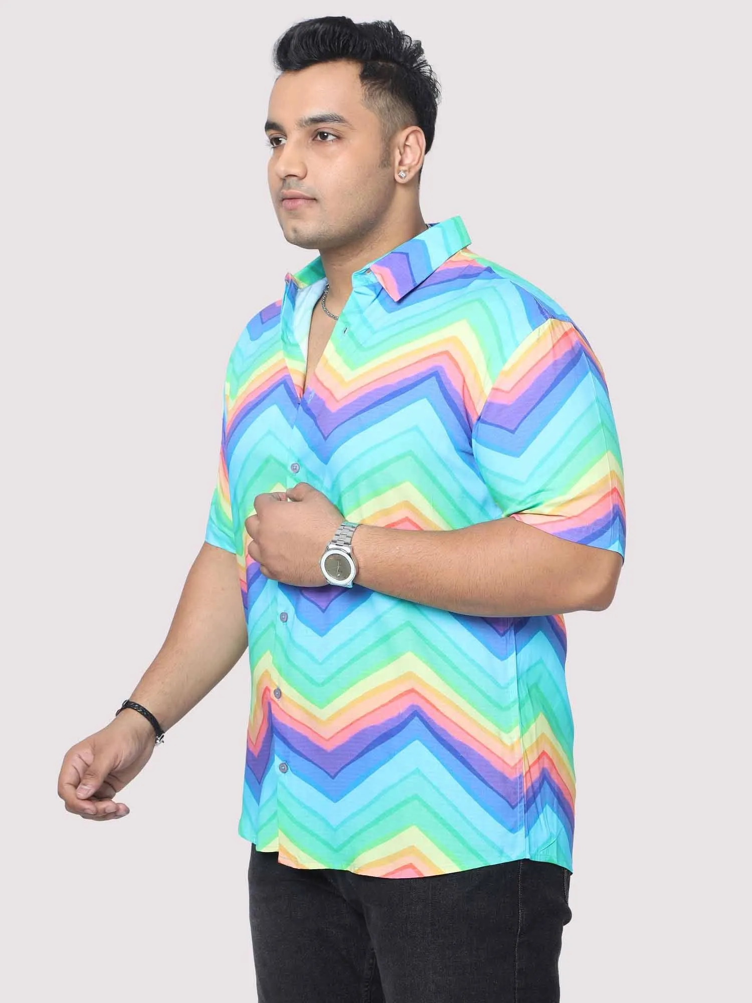 Men Plus Size Rainbow Pattern Digital Printed Half Shirt