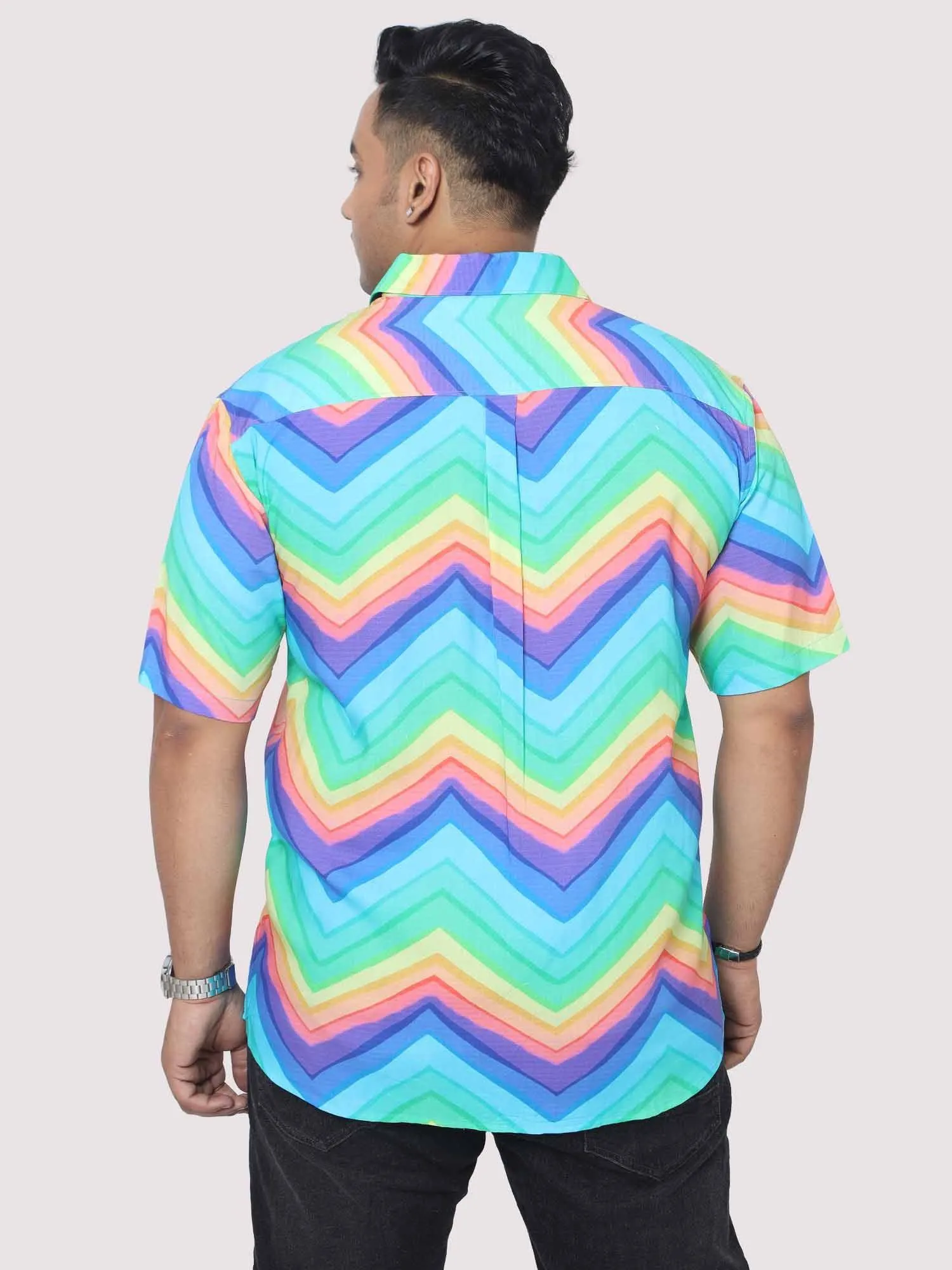 Men Plus Size Rainbow Pattern Digital Printed Half Shirt