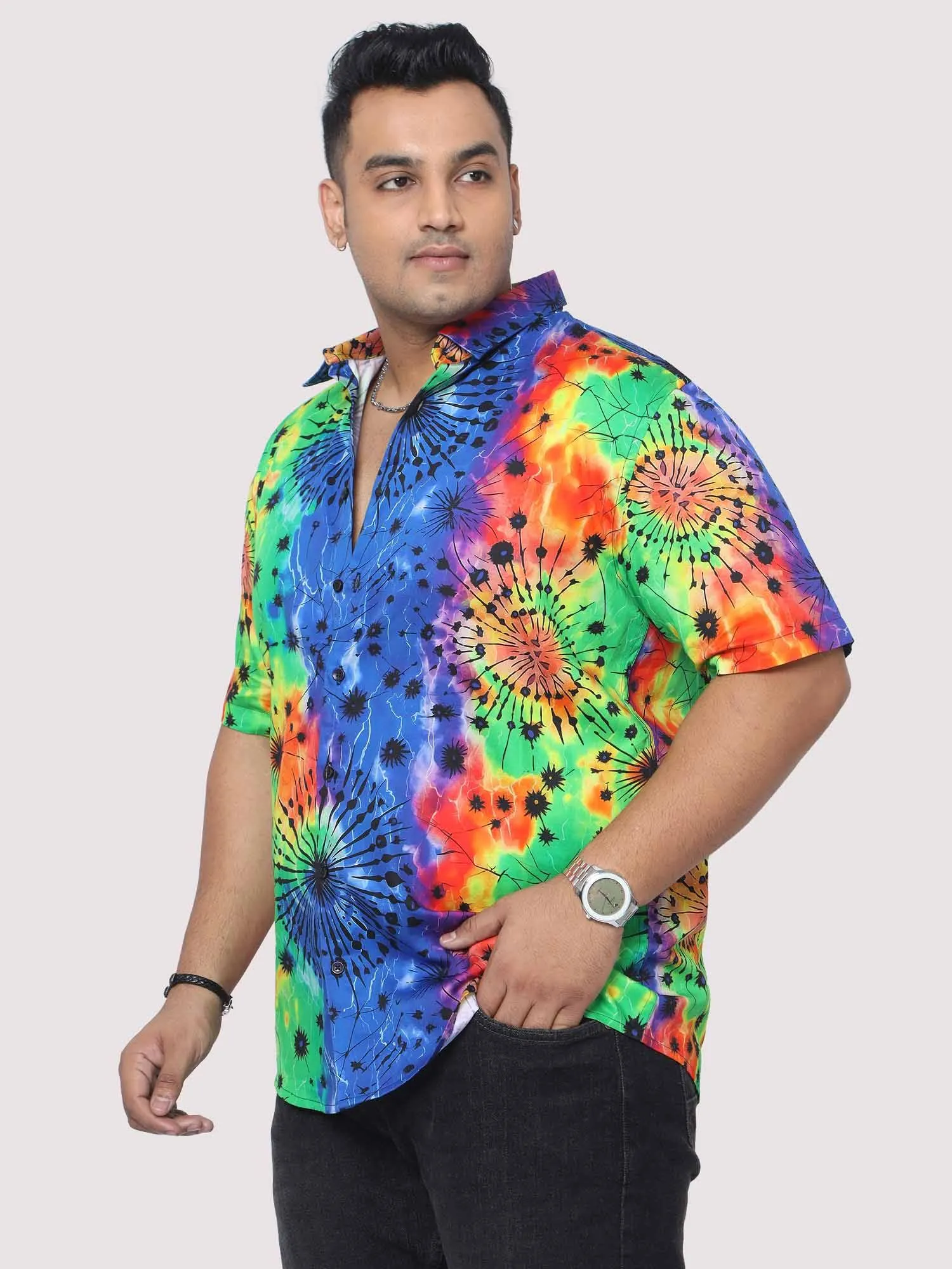 Men Plus Size Rainbow Scrunch Digital Printed Half Shirt