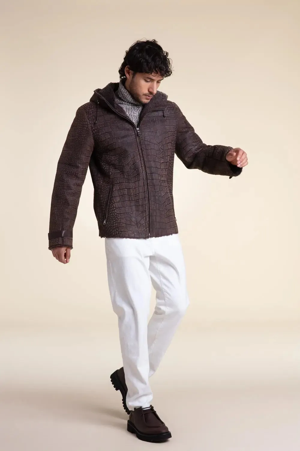 Men sheepskin jacket with hood