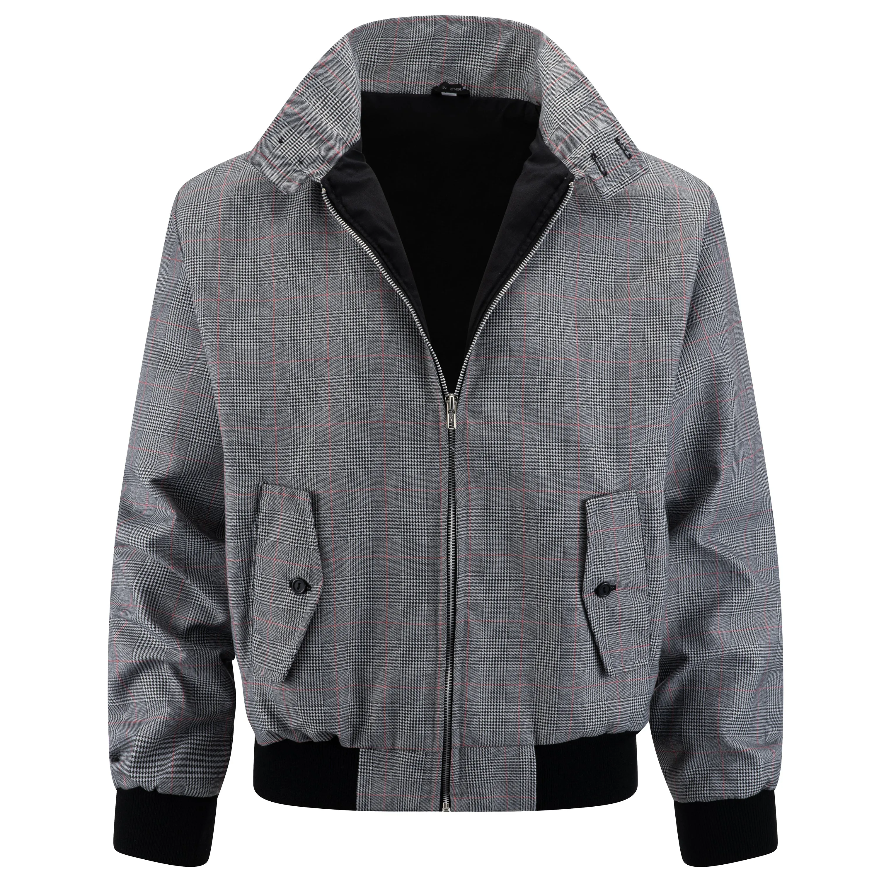 Mens Check Harrington Jacket - Light Grey/Red