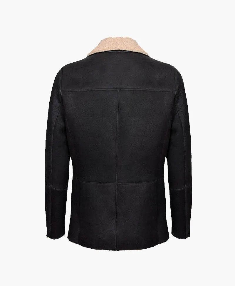 Men's Double-Breasted Genuine Leather Jacket with Plush Fur Collar