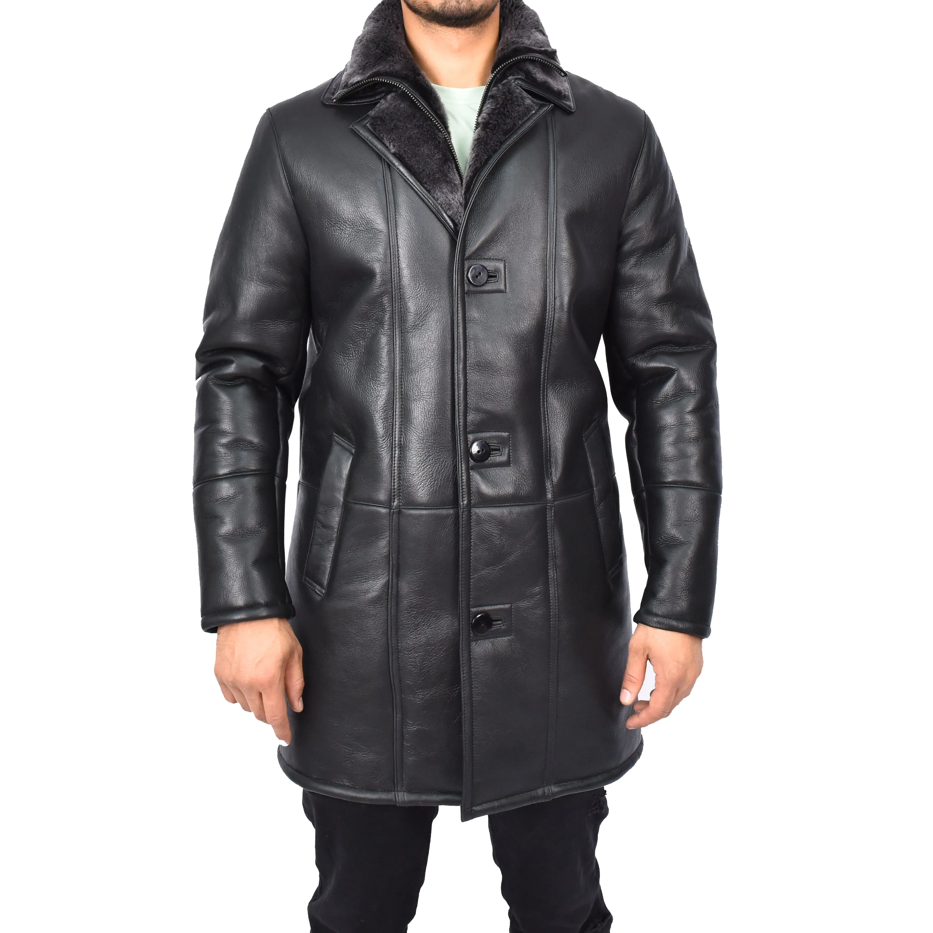 Mens Retro ¾ Length Long Real Shearling Sheepskin Coat Winter Warm Bastian Black