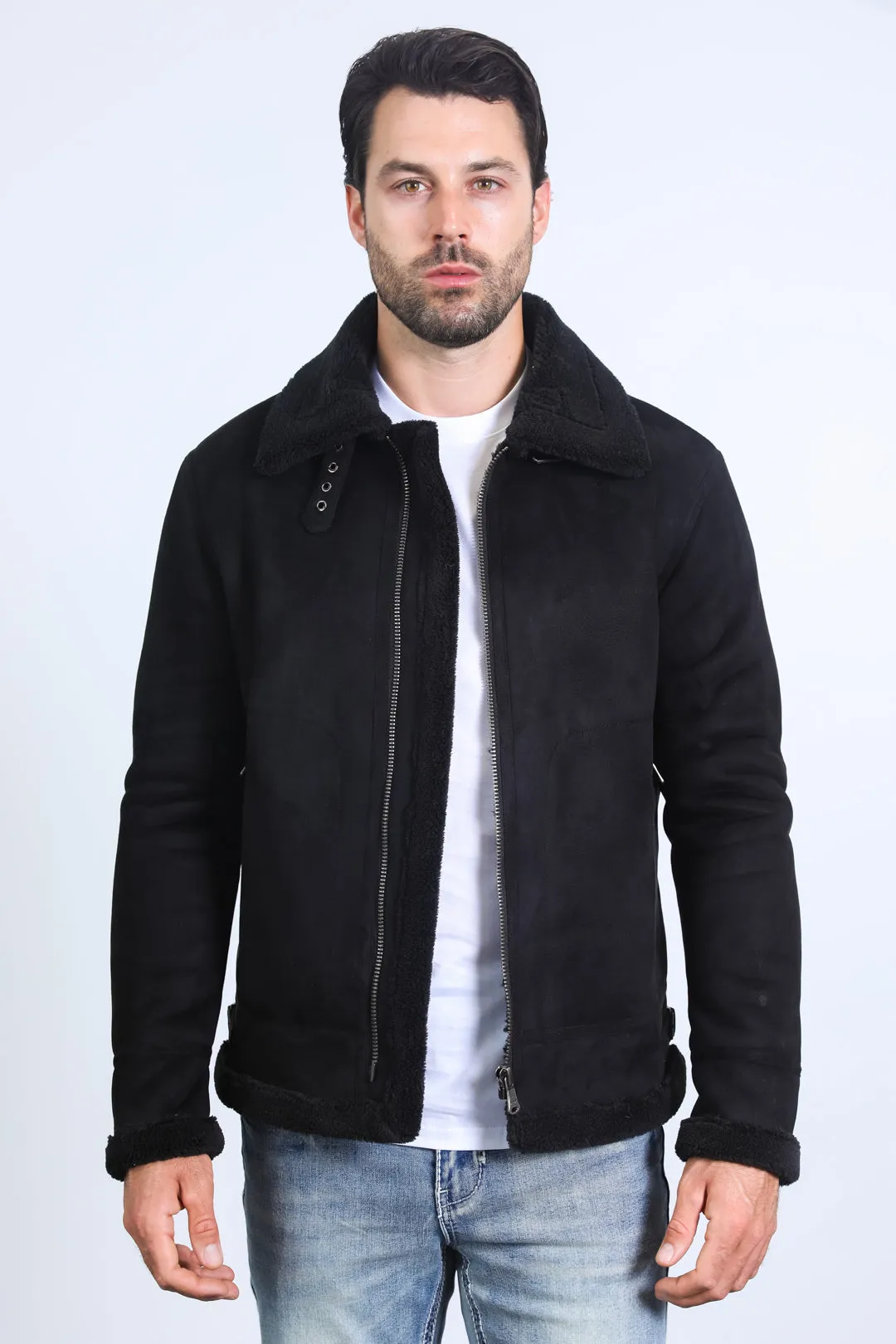 Men's Suede Black Jacket w/ Faux Shearling-lined