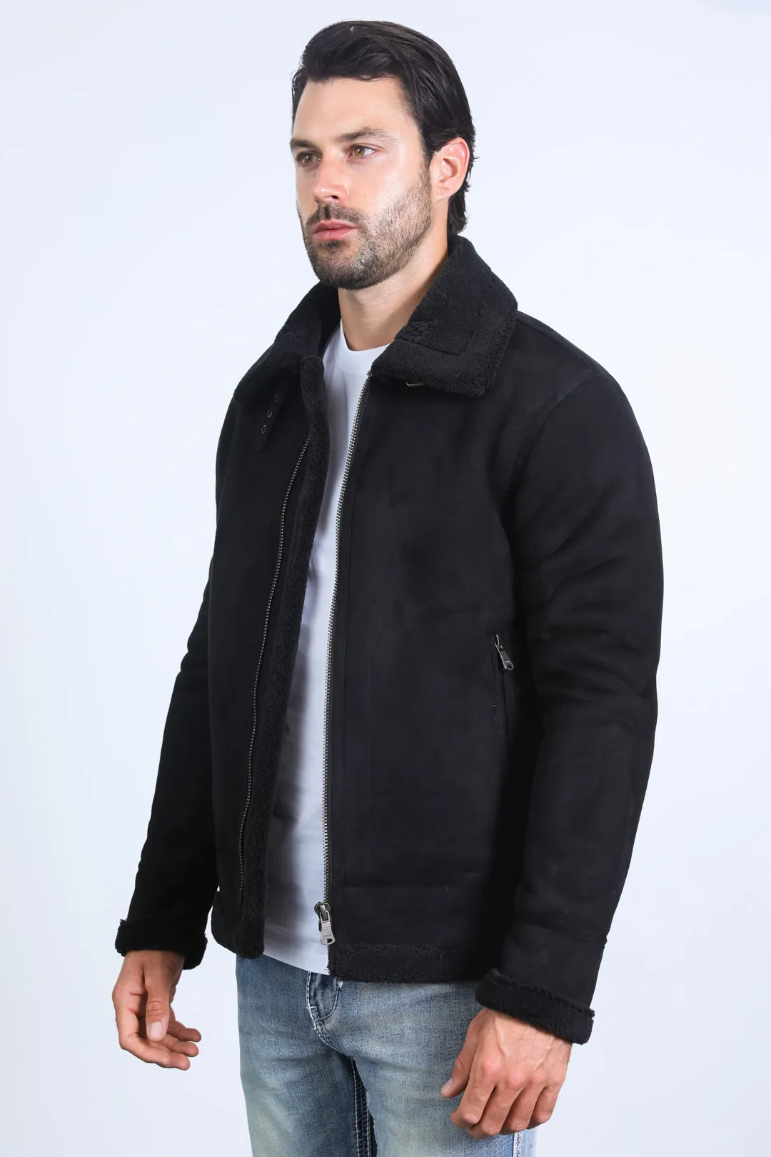 Men's Suede Black Jacket w/ Faux Shearling-lined