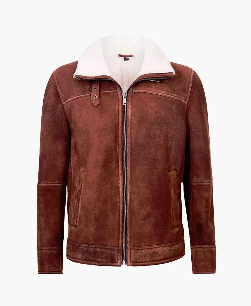 Men's Vintage Brown & Cream Flying Leather Jacket with Luxe Fur Collar