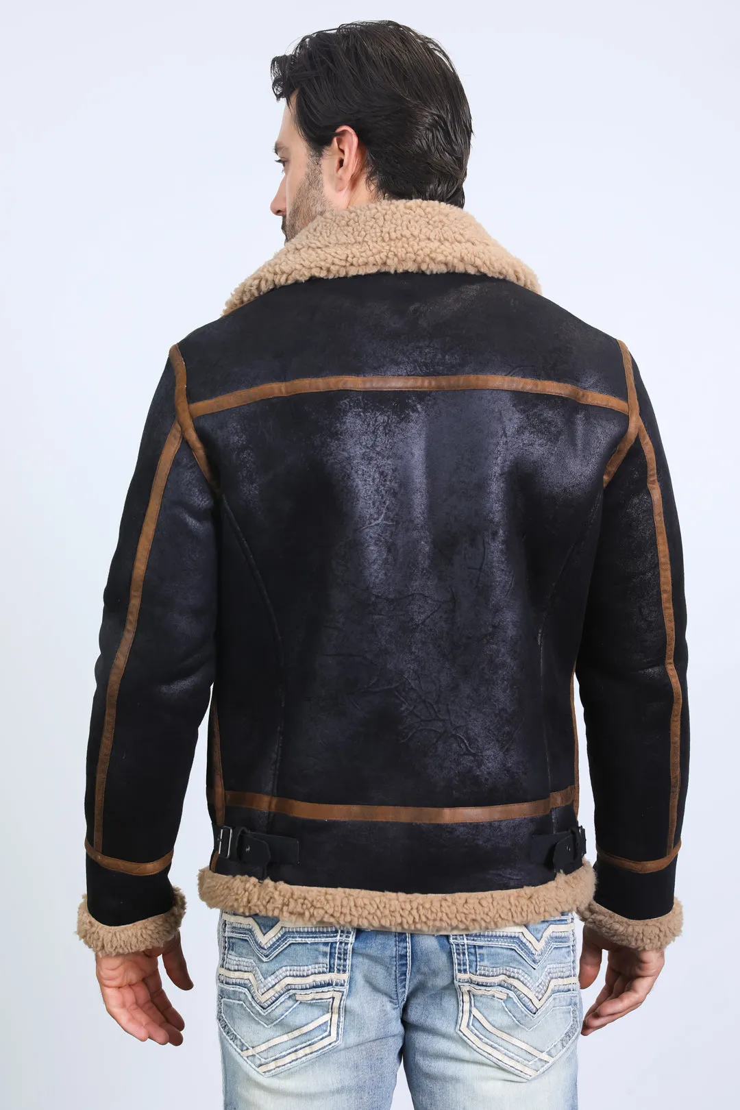 Men's Washed Suede Black Jacket w/ Faux Shearling-lined