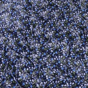 Navy blue Premium Italian silk chiffon dirac (makmal) fabric with same tone velvet jacquard off having off white, pastel green and blue print in floral design-D8690