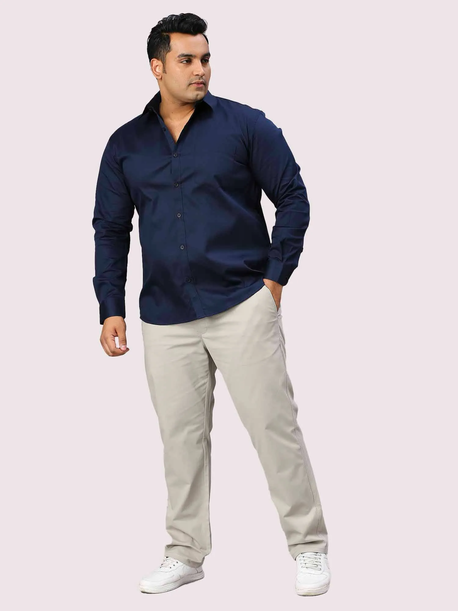 Navy Blue Pure Cotton Full Sleeve Shirt Men's Plus Size