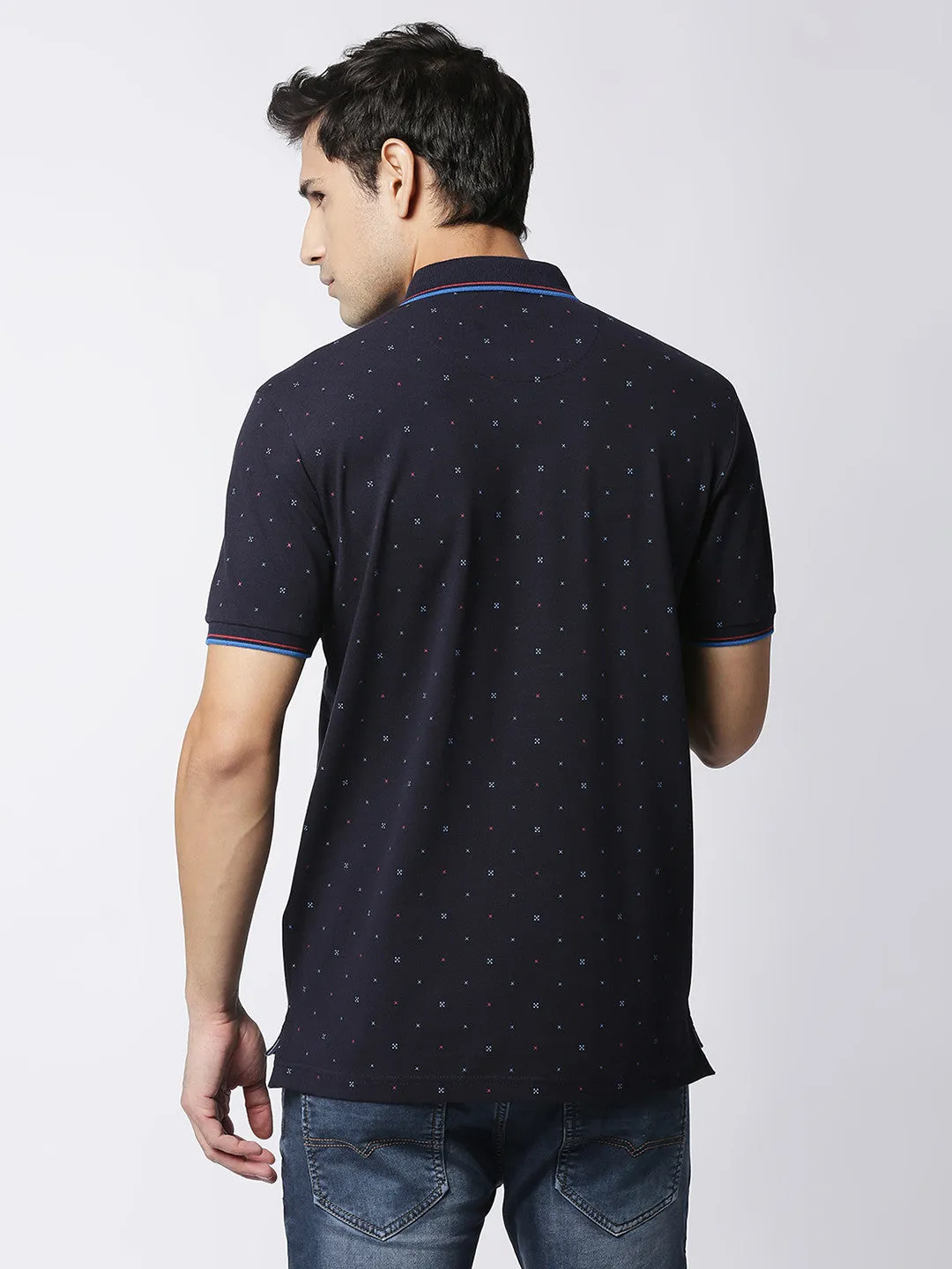 Navy Printed Cotton Lycra Polo T-shirt