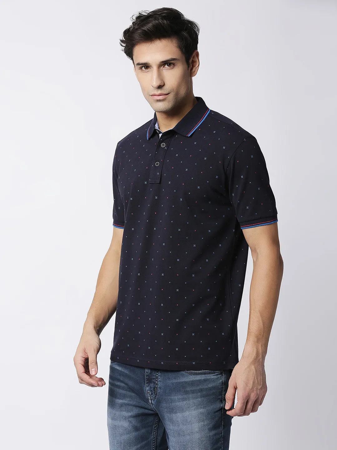 Navy Printed Cotton Lycra Polo T-shirt