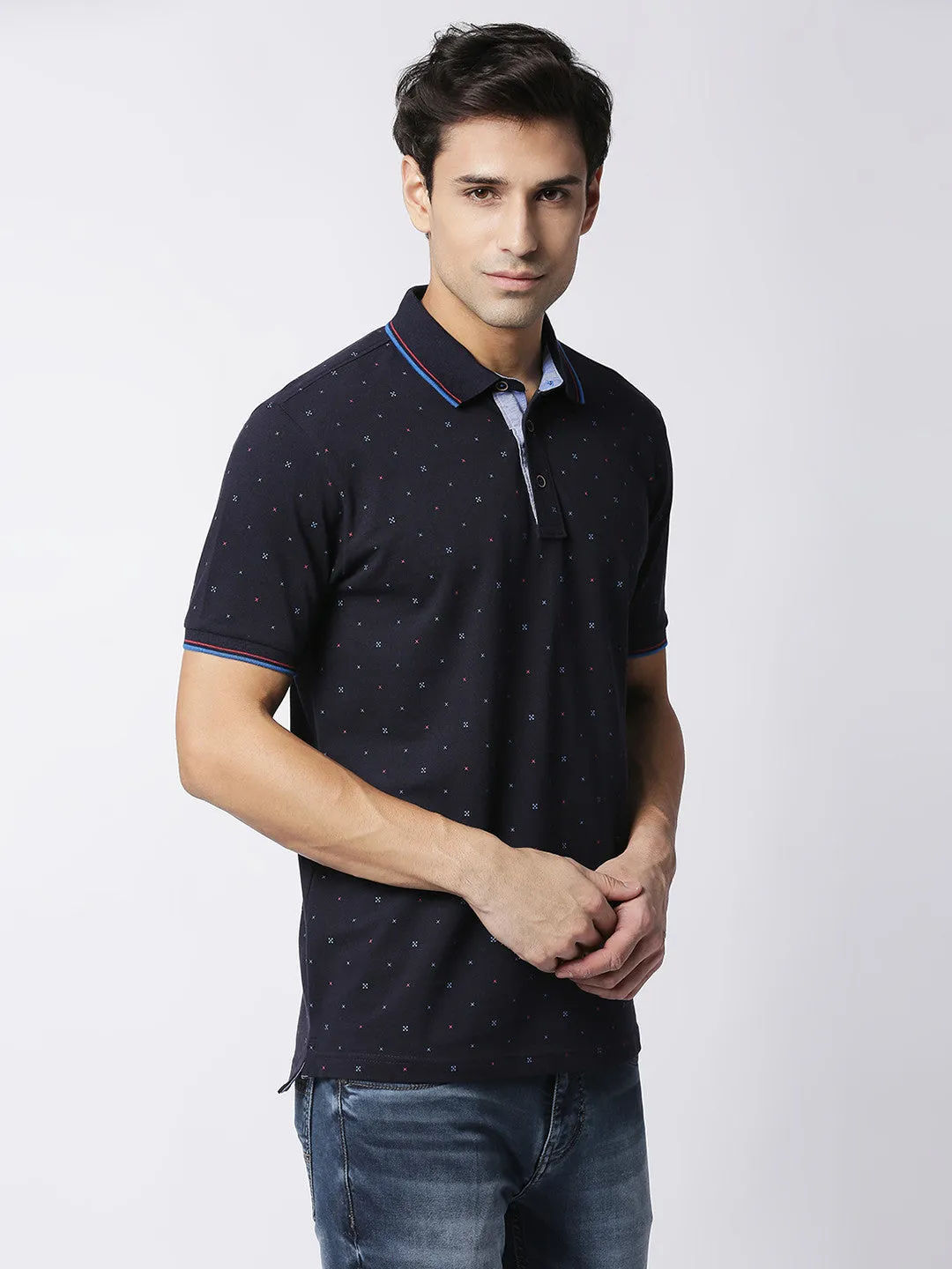 Navy Printed Cotton Lycra Polo T-shirt