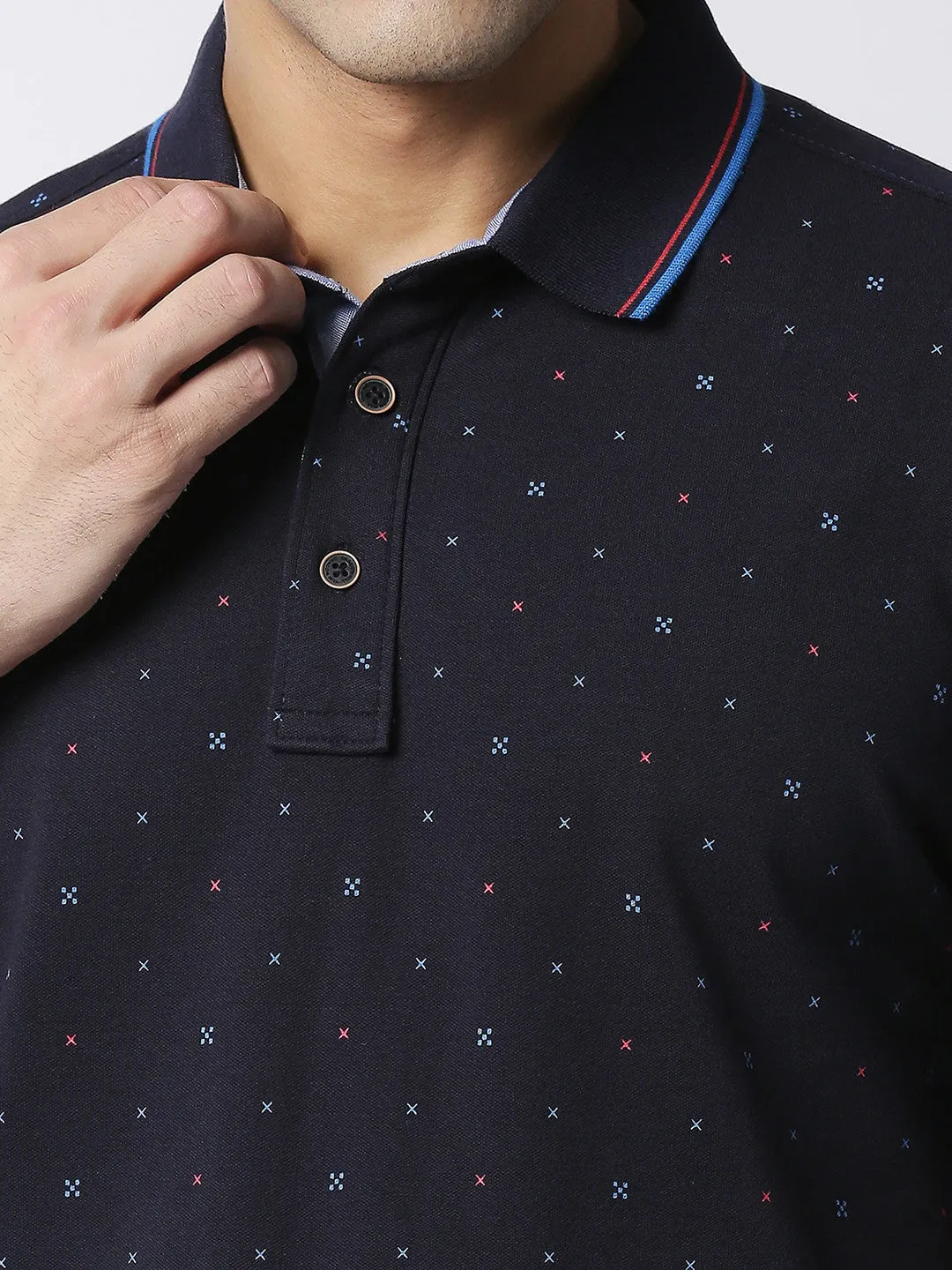 Navy Printed Cotton Lycra Polo T-shirt