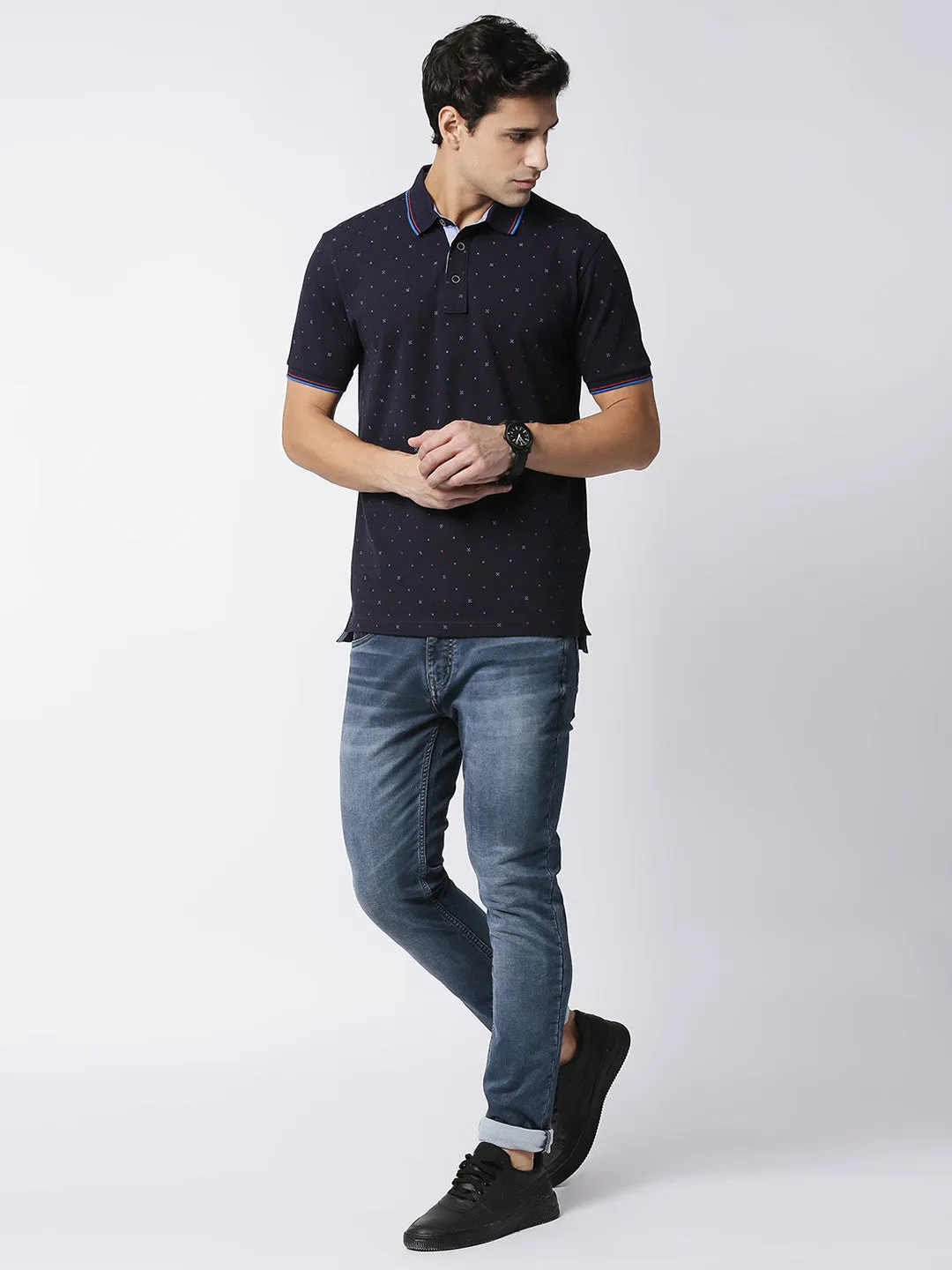 Navy Printed Cotton Lycra Polo T-shirt