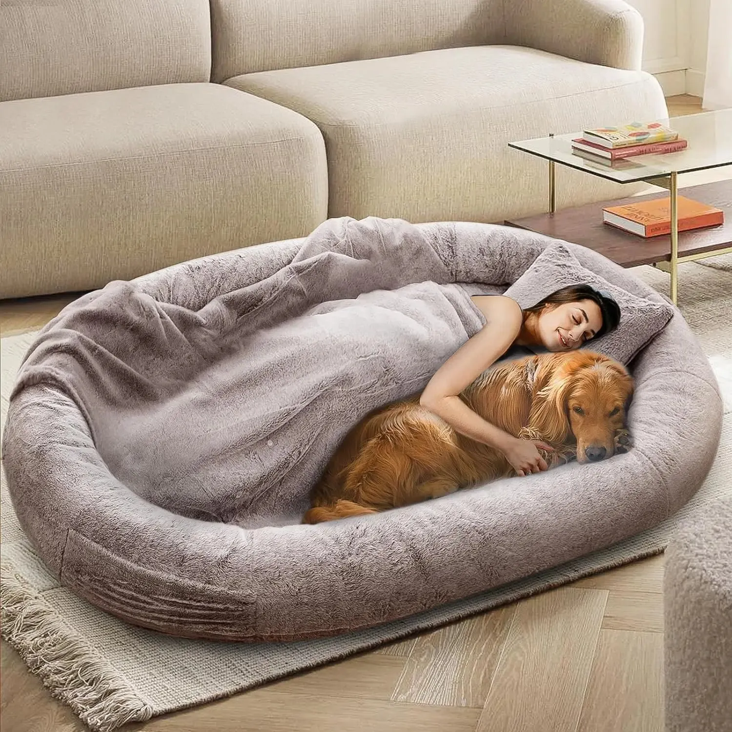 NESTROAD Human Dog Bed - 71"x45"x14" Extra-Large Dog Bed for Adults & Pets, Washable Faux Fur Dog Bean Bag Bed