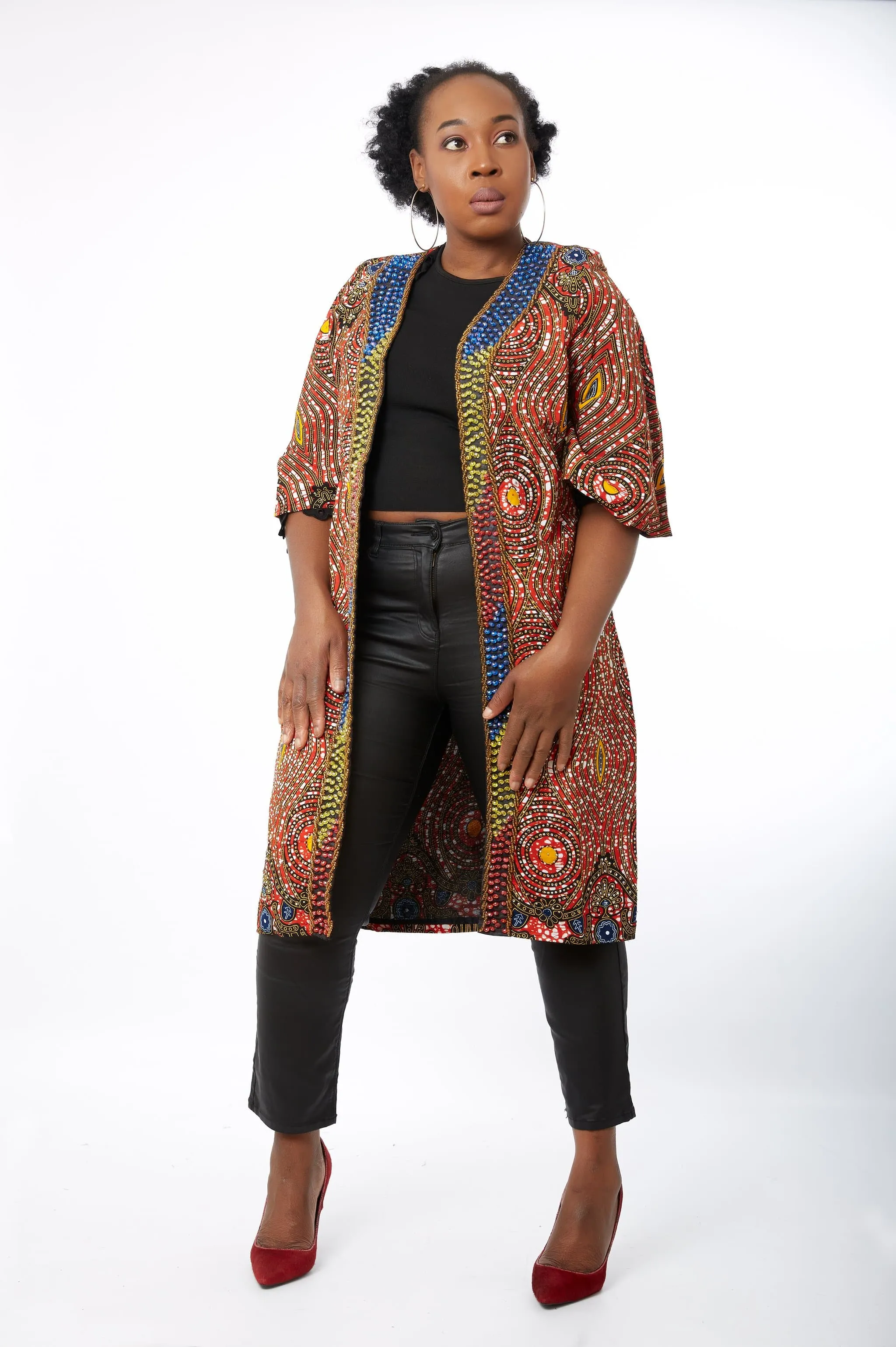 New in Hand-beaded Embellished African Print Kimono Jacket - Onyii