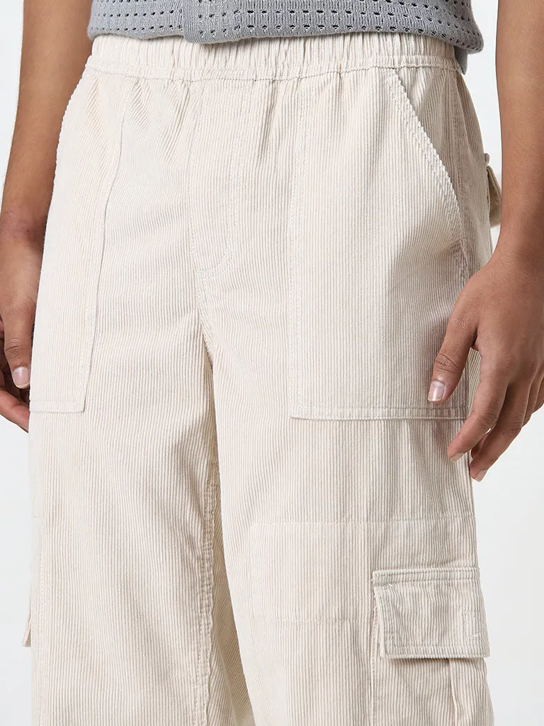 Nuon Off-White Relaxed-Fit Mid-Rise Corduroy Cotton Chinos