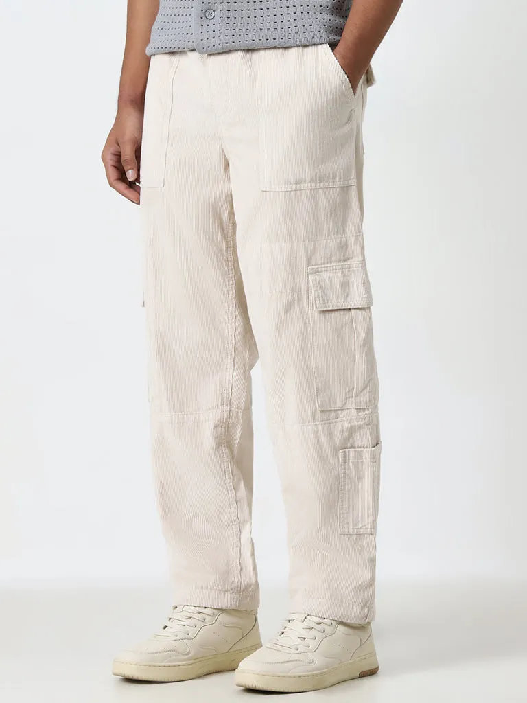 Nuon Off-White Relaxed-Fit Mid-Rise Corduroy Cotton Chinos