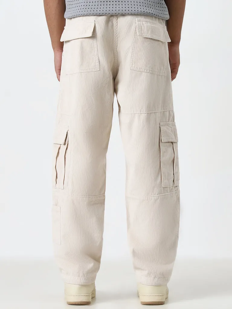 Nuon Off-White Relaxed-Fit Mid-Rise Corduroy Cotton Chinos