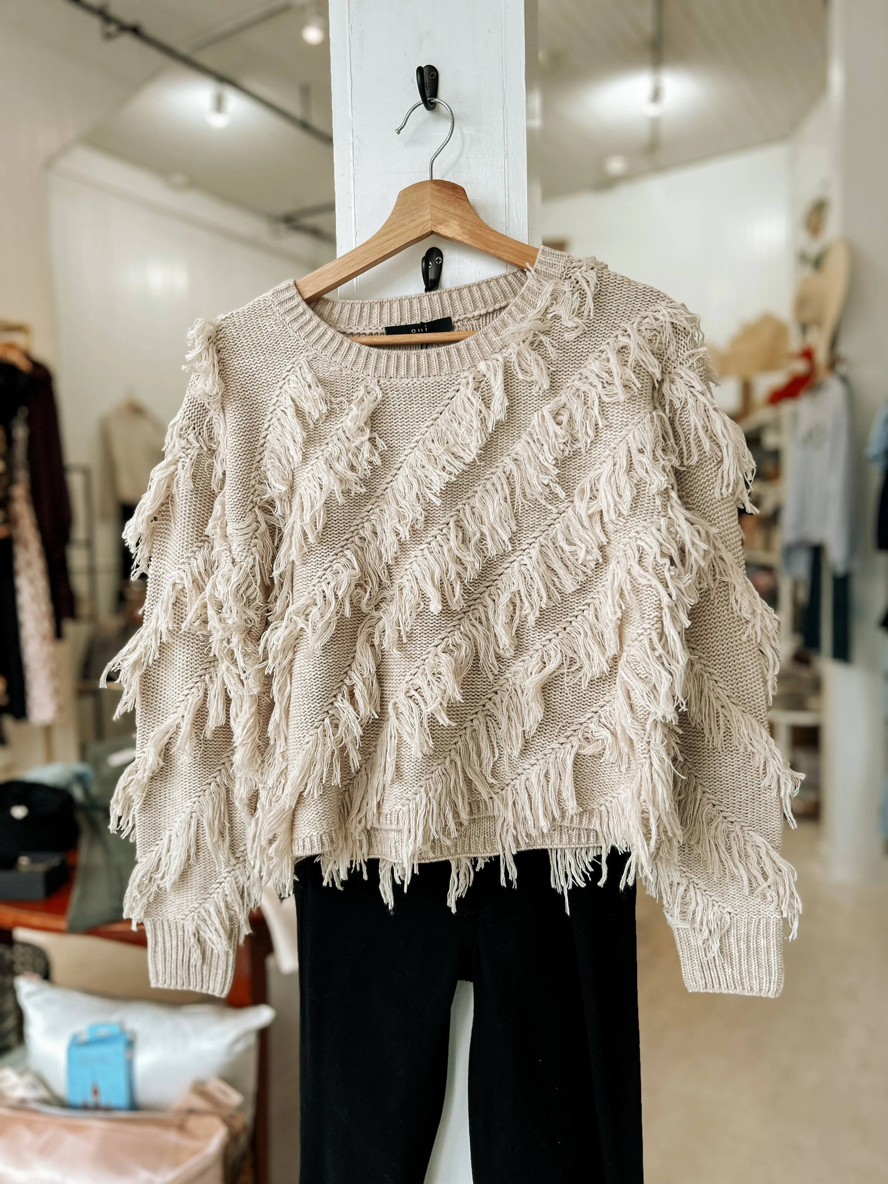 OUI  Fringe Pullover Crewneck Sweater in Light Beige