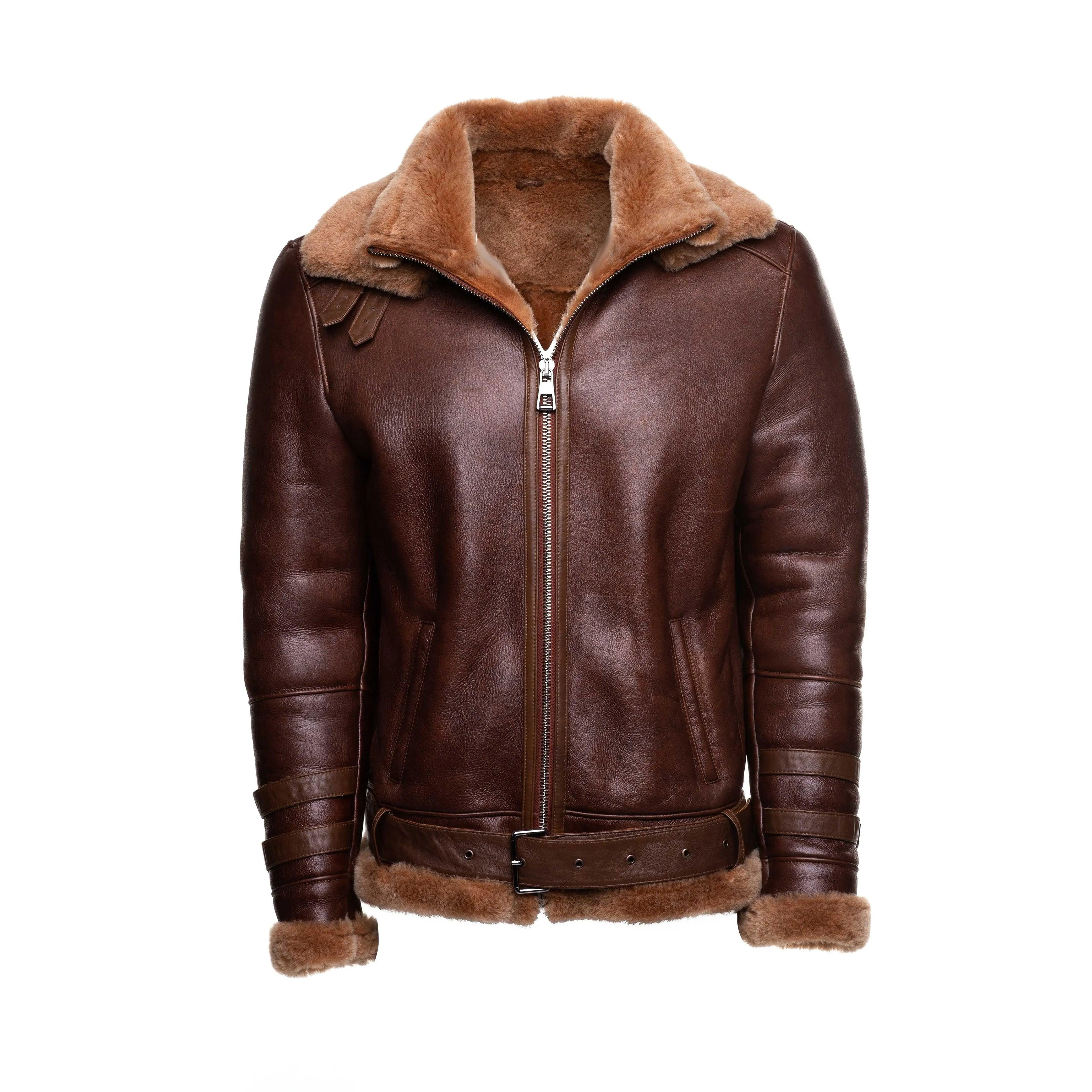 Phan's Aviator Brown bomber shearling jacket with a waist belt