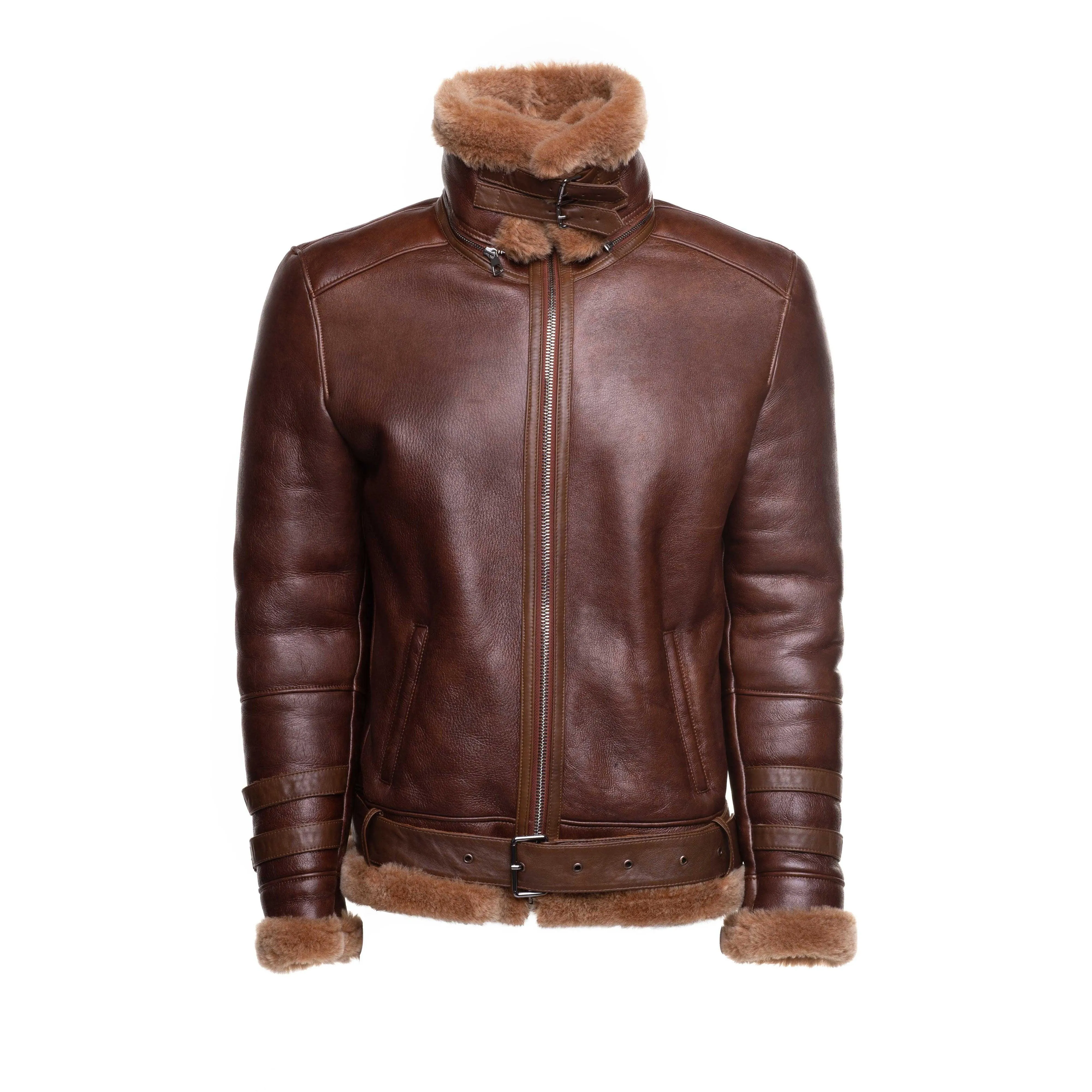 Phan's Aviator Brown bomber shearling jacket with a waist belt