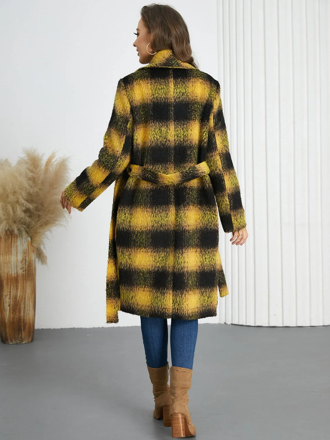 Plaid Tie Waist Long Sleeve Coat