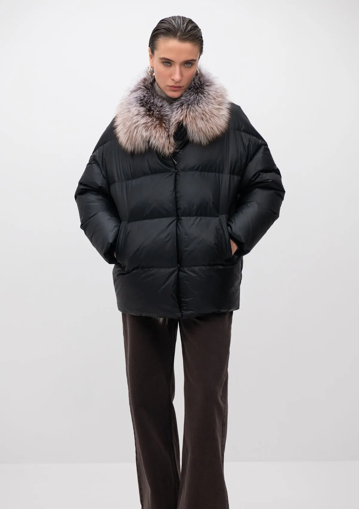 Pre-Order. Re-Stock November, 2024. Astrid Genuine Silver Fox Fur Down Fill Coat